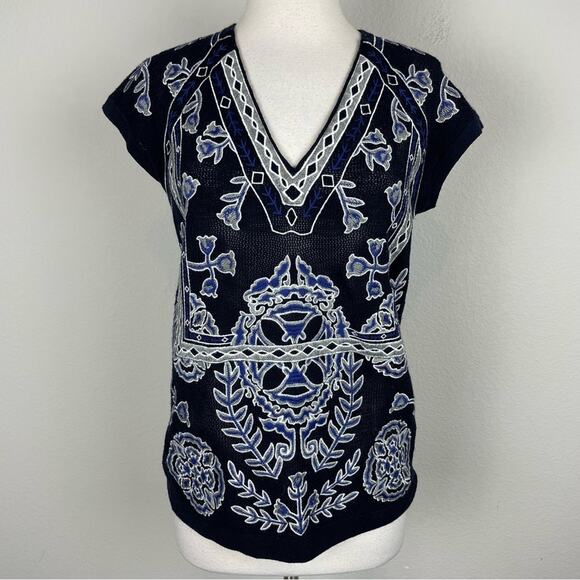 Tory Burch Navy Embroidered Short Sleeve V Neck Jory Knit Sweater Small - Picture 3 of 8